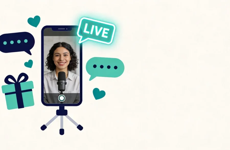 Transmisja live na TikToku na telefonie z sercami i czatem