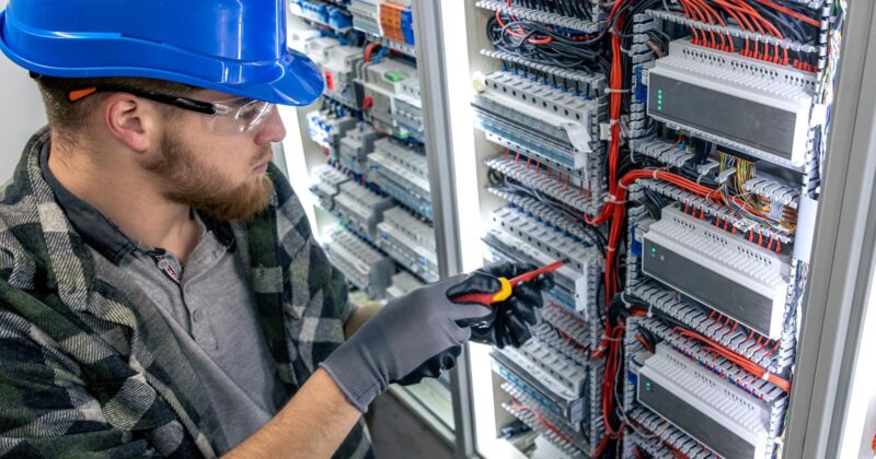 Nazwa dla firmy elektrycznej - elektryk przy rozdzielnicy