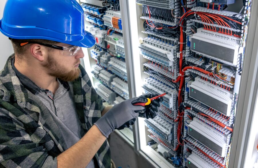 Nazwa dla firmy elektrycznej - elektryk przy rozdzielnicy